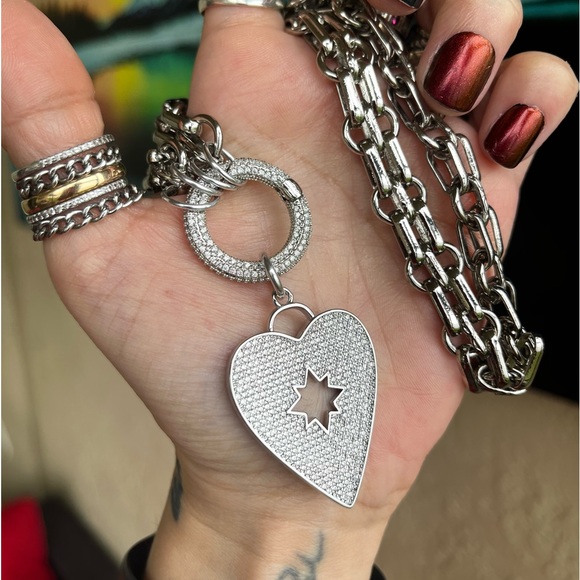 Two looks stainless steel choker heart necklace cz rhinestones boho st valentine - Picture 13 of 16